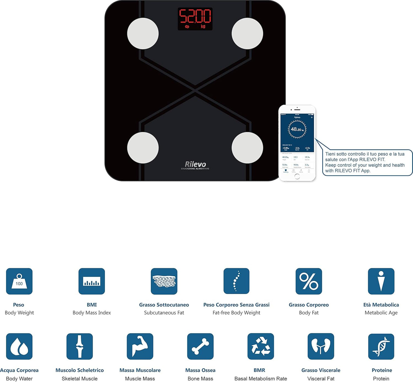 Bilancia BIA con funzioni di controllo dello stato di salute del corpo