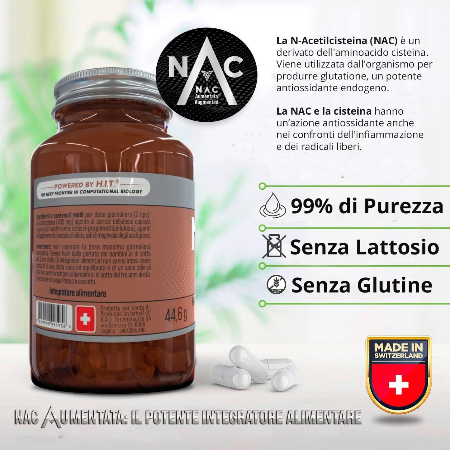 B.A.I Technologies Sa NAC Aumentata | Integratore POTENZIATO negli Effetti Antiossidanti e Detox | N-Acetil-Cisteina | Precursore del Glutatione | Alta Biodisponibilità | 90 Capsule | Vasetto Vetro Oscurato
